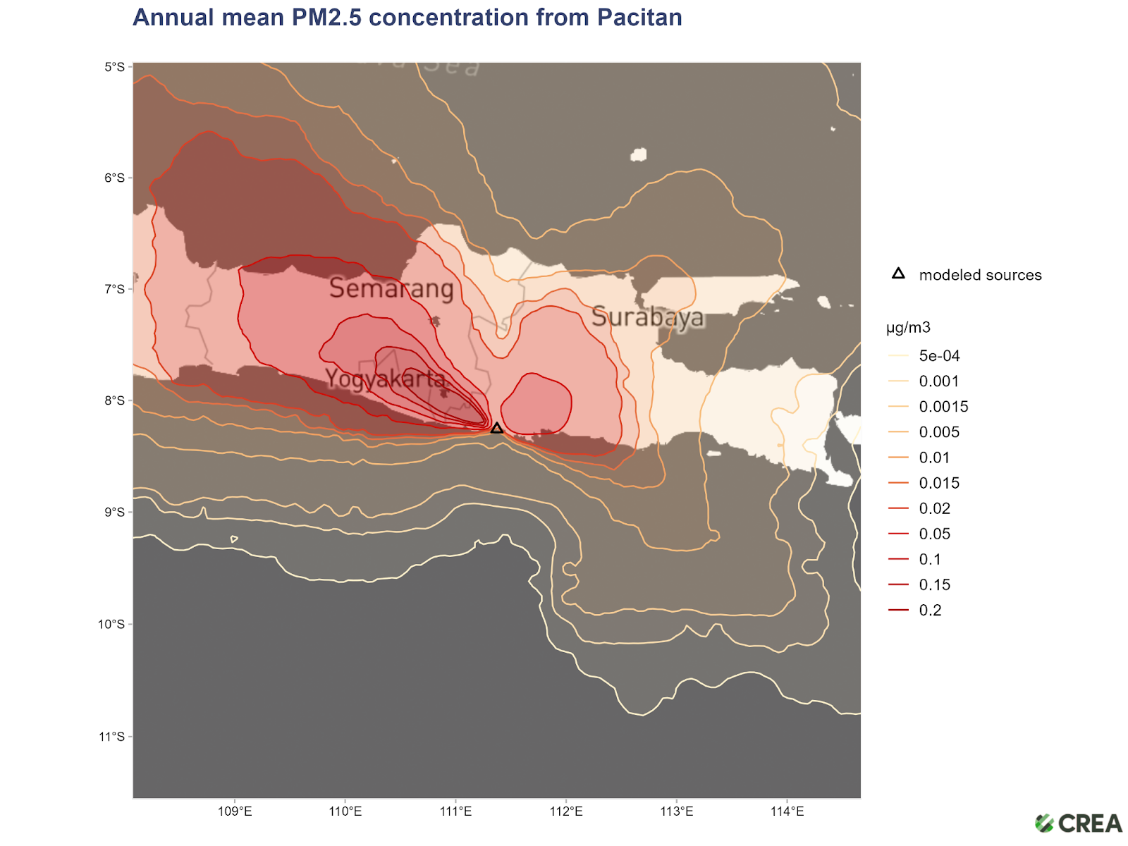 Gambar. Rata-rata tahunan penyebaran PM2.5 dari PLTU Pacitan